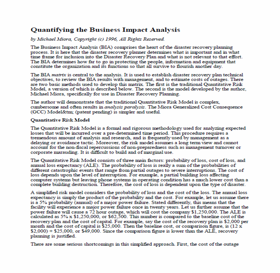 Quantifying the Business Impact Analysis