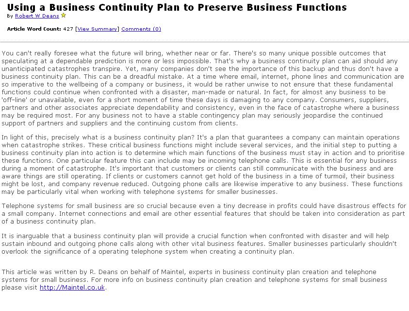 Using a Business Continuity Plan to Preserve Business Functions
